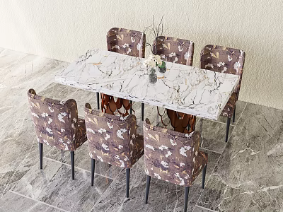 Dining Table And Chairs Set With Marble Tabletop Patterned Upholstered Chairs Vase And Plant Decoration 3d model