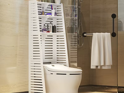 White Bathroom Storage Cabinet With Modern Slatted Design Holding Toiletries Near Toilet And Glass Shower 3d model