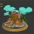 Enchanting Natural Scene With Blue Trees Tree House And Green Ground