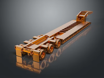 Golden Metallic Flatbed Trailer With Multiple Wheels And Shiny Reflective Surface 3d model