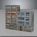 Multi Storey Residential Building With Red and Blue Facade Multiple Windows And Ground Floor Shops