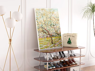 Modern Open Shelf Shoe Cabinet With Shoes Canvas Bag And Decorative Painting 3d model