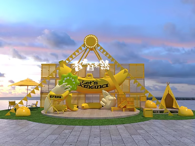 Yellow Camping Theme Stage With Giant Hand Sculptures Tents Grass Area And Wooden Frame 3d model