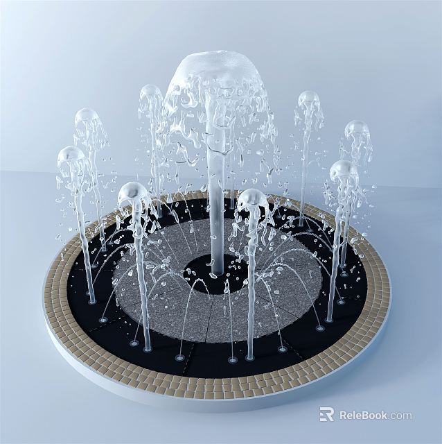 Circular Fountain with Central Sphere and Surrounding Water Jets on Decorative Base 3d model 