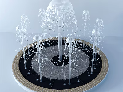 Circular Fountain with Central Sphere and Surrounding Water Jets on Decorative Base 3d model