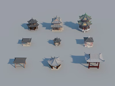 Chinese Traditional Architecture Models With Various Roof Styles And Pavilion Designs 3d model
