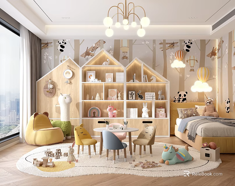 Cozy Kids Bedroom With Tree House Shelves Animal Murals And Toys 3d model 