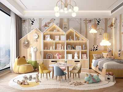 Cozy Kids Bedroom With Tree House Shelves Animal Murals And Toys 3d model