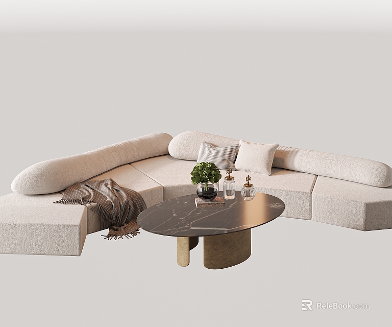 Modern Beige Curved Sofa And Round Marble Coffee Table Set With Decorative Pillows 3d model 