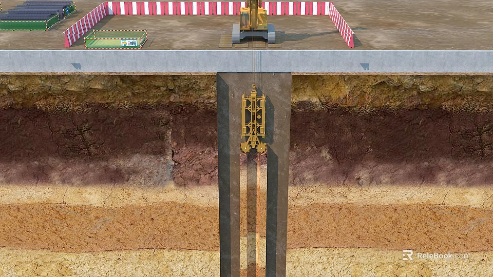 Industrial Construction Equipment For Piling Operation With Underground Foundation Structure And Safety Barriers 3d model 