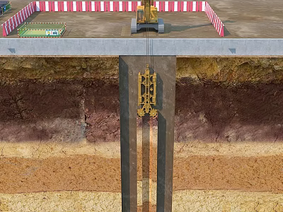 Industrial Construction Equipment For Piling Operation With Underground Foundation Structure And Safety Barriers 3d model
