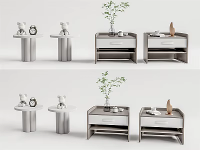 Modern Bedside Tables With Cylindrical Bases Drawer Storage And Decorative Accents 3d model