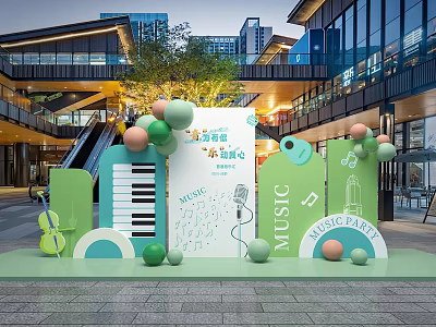 Green Music Themed Installation With Piano Keyboard Microphone Notes And Balloons In Mall Atrium 3d model