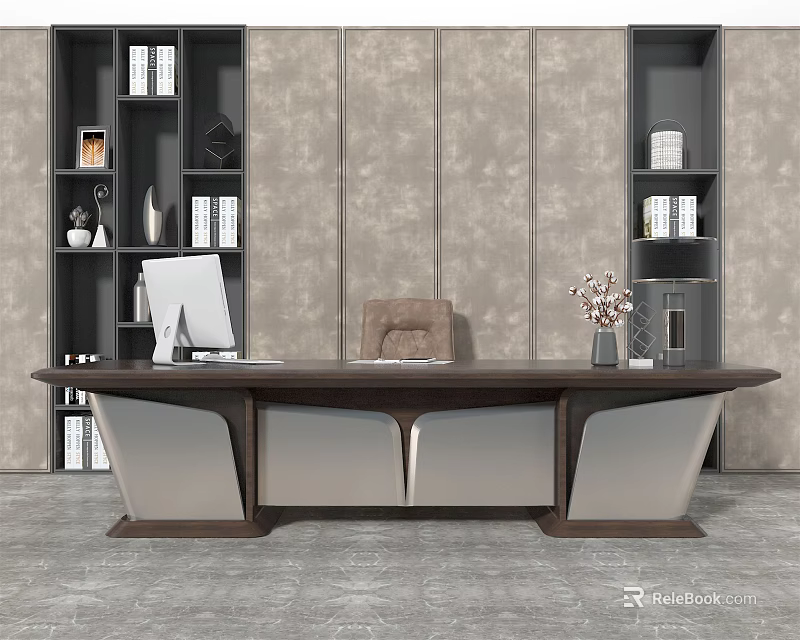 Modern Wooden Office Desk Interior with Brown Chair Computer Monitor Decorative Vase and Bookshelves 3d model 