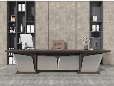 Modern Wooden Office Desk Interior with Brown Chair Computer Monitor Decorative Vase and Bookshelves 3d model