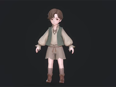 Young Boy 3D Game Movie Character With Green Vest Long Sleeves Brown Shorts And Boots 3d model