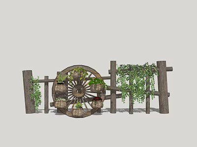 Courtyard Garden With Wooden Structure Wagon Wheel Decoration And Climbing Vines 3d model