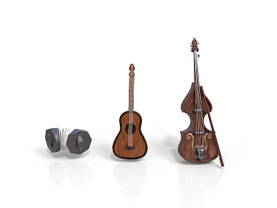 Stylish Household Items With Wooden Ukulele Double Bass And Dumbbell 3d model