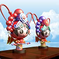 Cartoon Style Sculptures With Red Purple Opera Headdresses On Wooden Table