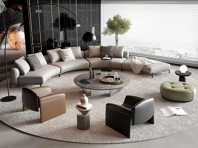 Modern Light Gray L Shaped Sofa And Round Coffee Table Set With Armchairs On Area Rug 3d model
