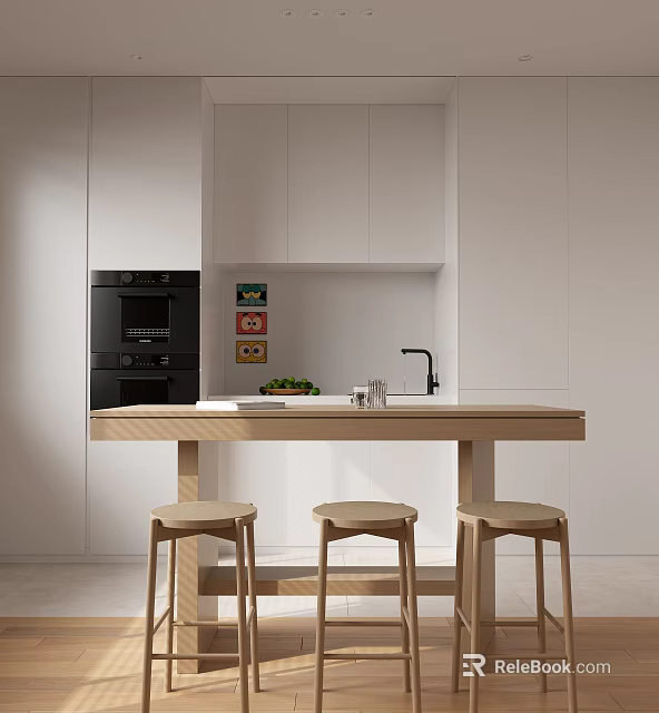 Modern Restaurant Kitchen With White Cabinets Black Oven Green Vegetables And Wooden Stools 3d model 