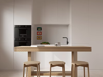 Modern Restaurant Kitchen With White Cabinets Black Oven Green Vegetables And Wooden Stools 3d model