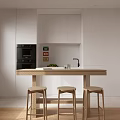 Modern Restaurant Kitchen With White Cabinets Black Oven Green Vegetables And Wooden Stools