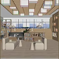 Modern Library Inside Bookstore Reading Room Coffee Shop Shaped Sofa Bookcase Shelf Casual Table and Chair 3d model