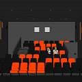 Modern Cinema Theater Interior With Orange And Gray Seats And Ceiling Lighting