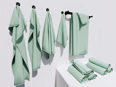 Light Green Towels Hanging On Hooks And Folded On White Countertop 3d model