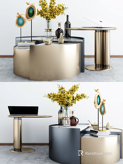 Elegant Modern Gold Metal Coffee Table With Round Top And Decorative Vase Flowers 3d model 