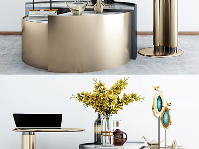 Elegant Modern Gold Metal Coffee Table With Round Top And Decorative Vase Flowers 3d model