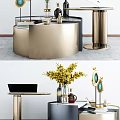 Elegant Modern Gold Metal Coffee Table With Round Top And Decorative Vase Flowers