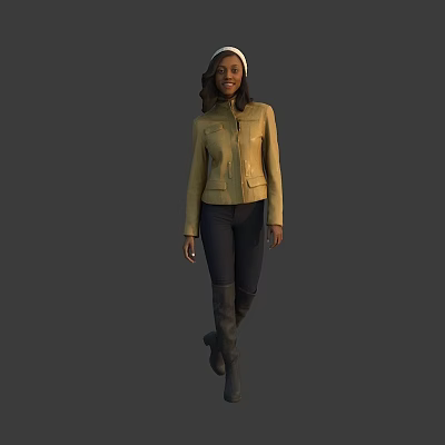 A woman in casual style wearing yellow jacket dark jeans and knee high boots walking 3d model