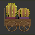 Colorful Spiky Cactus Plants in Wooden Cart with Pink Yellow Pots