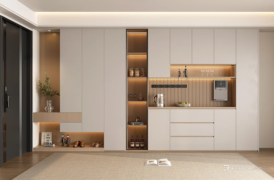 Modern White Sideboard With Open Shelves LED Lighting Storage And Decorative Items 3d model