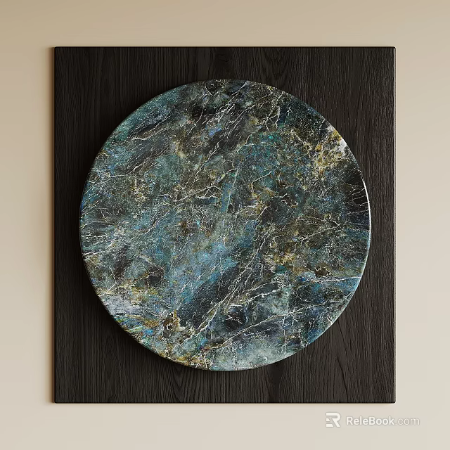 Circular Wall Decor with Blue Green Marble Texture on Dark Wood Background 3d model