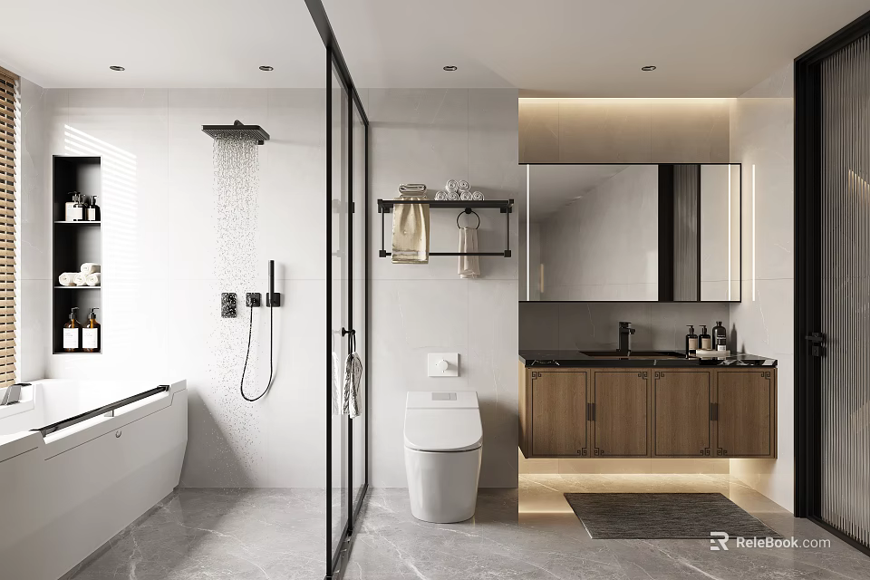 Modern Bathroom Interior With Glass Shower Enclosure Freestanding Bathtub And Wooden Vanity Cabinets 3d model 