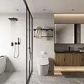 Modern Bathroom Interior With Glass Shower Enclosure Freestanding Bathtub And Wooden Vanity Cabinets
