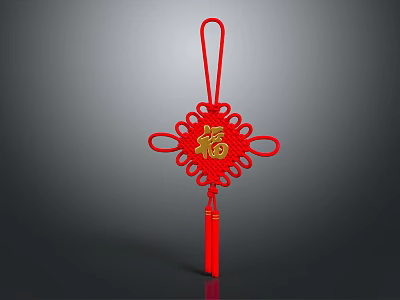 Traditional Red Chinese Knot Charm with Golden Fu Character and Tassel Decoration 3d model