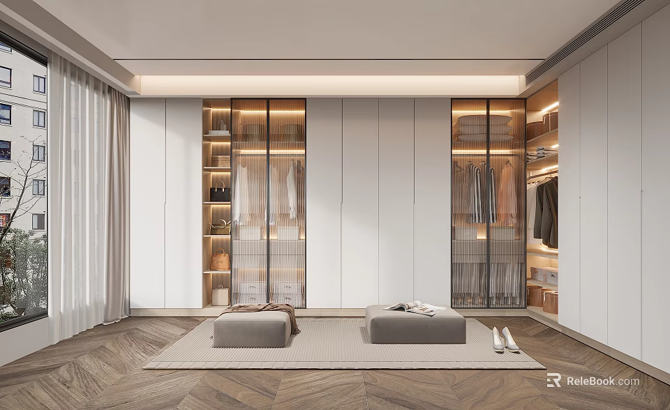 Modern Walk in Closet Interior Design With Glass Doors Seating Bench And Open Shelves 3d model 
