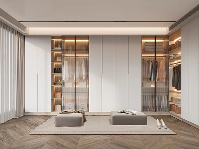Modern Walk in Closet Interior Design With Glass Doors Seating Bench And Open Shelves 3d model