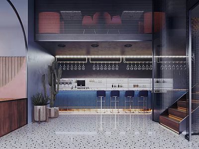 Modern Cafe Interior With Blue Bar Counter Bar Stools Cactus Plants And Polka Dot Floor 3d model