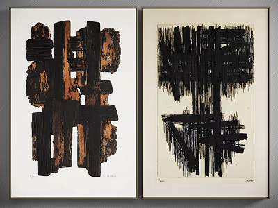 Pair of Abstract Black Brown Linear Wall Art on Light Background 3d model