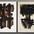 Pair of Abstract Black Brown Linear Wall Art on Light Background