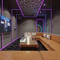 Modern KTV Room Interior With Purple Neon Lights Large TV Screen And Comfortable Sofa