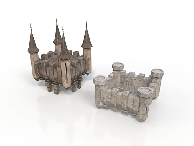 Detailed Two Stone Castle Models With Spire Towers And Wall Structures 3d model