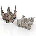 Detailed Two Stone Castle Models With Spire Towers And Wall Structures