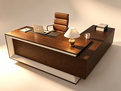 Wooden Office Desk With Brown Leather Chair Laptop Table Lamp Coffee Mug Books And Notebook 3d model