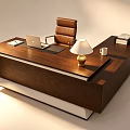 Wooden Office Desk With Brown Leather Chair Laptop Table Lamp Coffee Mug Books And Notebook